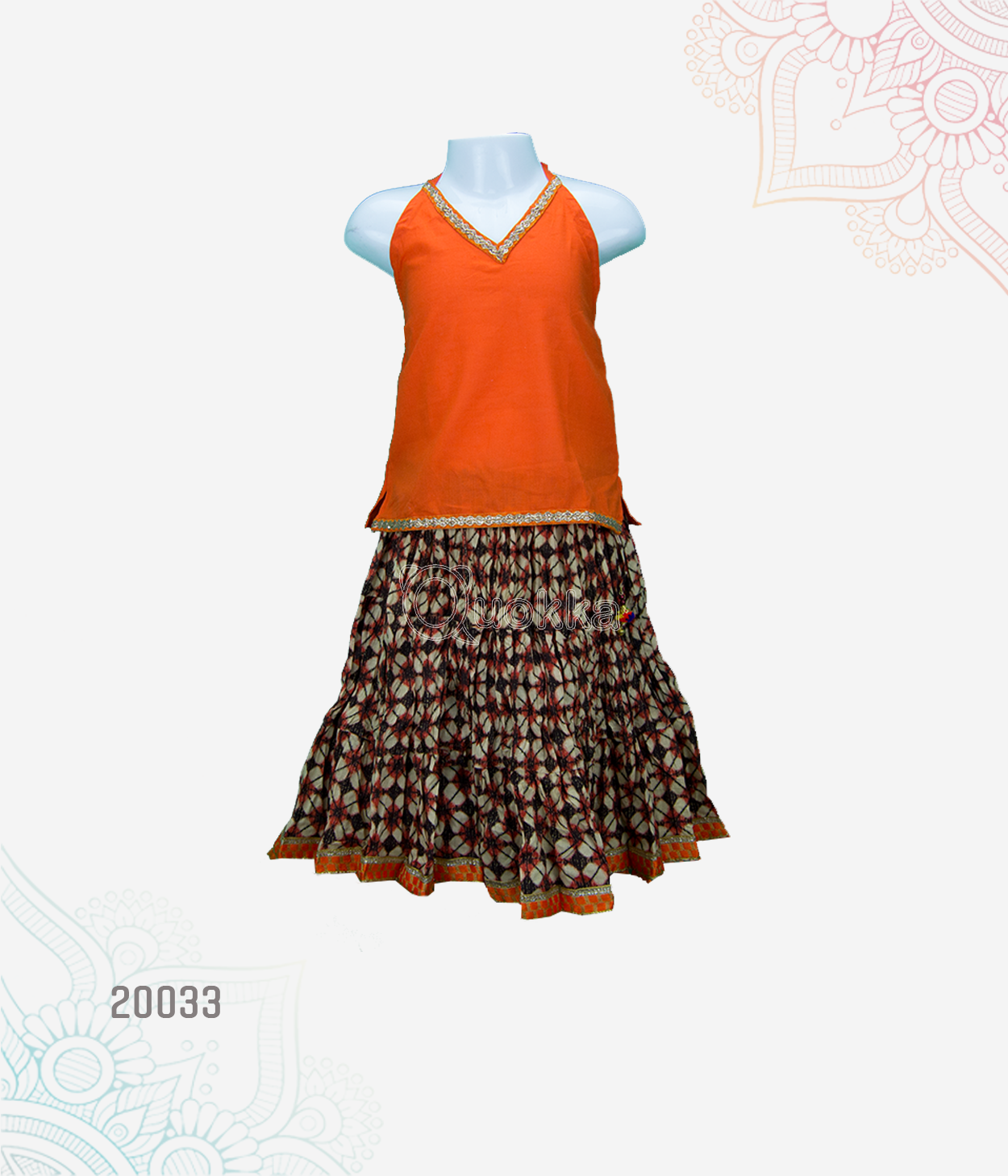 Cotton Halter Neck Top & Skirt - Orange/Brown - LI - 20033
