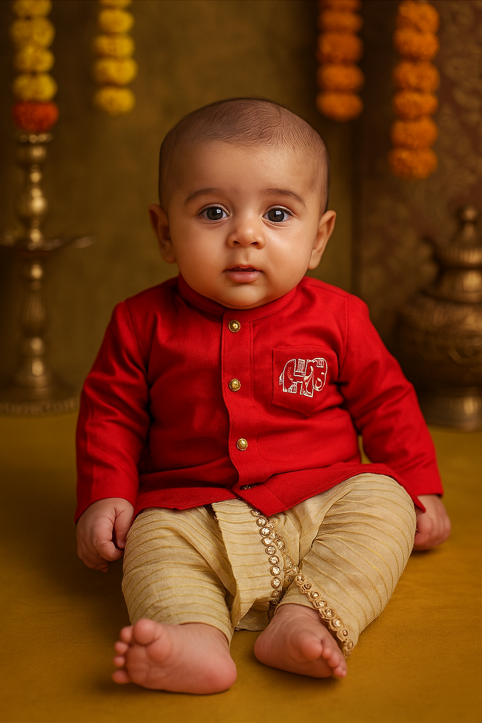 Elephant Print Red Kurta / Golden Lined Dhoti - 21603
