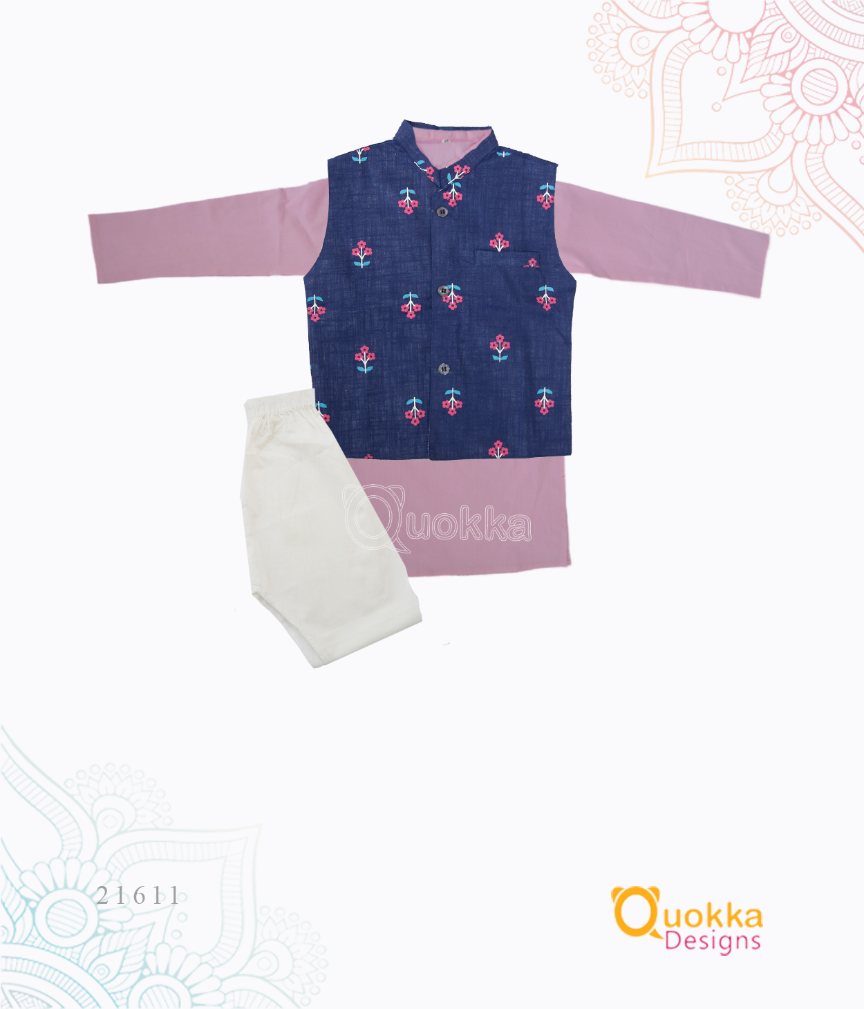 Pink Kurta / Blue Jacket floral Print - 21611