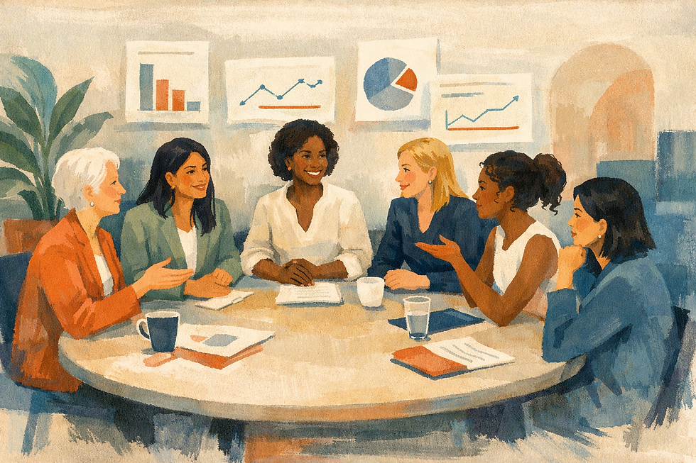 Illustration of a diverse group of six professional women, including Leen Kawas, seated around a roundtable in an engaging business discussion. Charts with upward trends and data visuals line the wall behind them, symbolizing growth, collaboration, and strategic leadership. The gouache-style rendering conveys warmth, professionalism, and the spirit of innovation in female entrepreneurship.