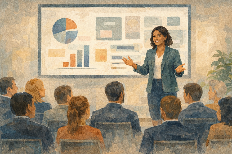 Gouache-style illustration of a confident woman giving a presentation in a business setting. She stands in front of a large screen displaying colorful charts and graphs—pie chart, bar graphs, and infographics—gesturing with open hands as she speaks to a seated audience of diverse professionals. She wears a teal blazer and skirt with a white blouse. The room is softly lit, with warm tones and a slight abstract texture, evoking professionalism, collaboration, and clear communication. The mood is energetic and focused, highlighting leadership and executive presence.