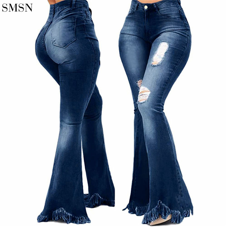 Thumbnail: Women’s Ripped Tassel Flare Jeans – Trendy Streetwear Style