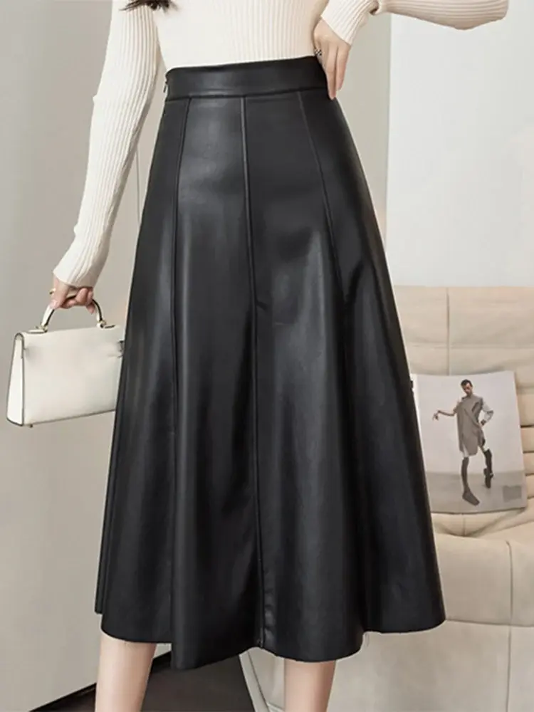 Thumbnail: Faux Leather High Waist Midi Office Skirt With Elegant Fit