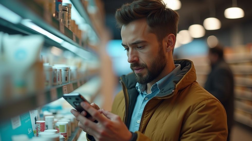 Close-up view of a curious customer examining a product.