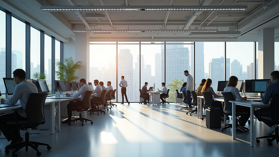 Wide angle view of a modern office space with collaborative workstations