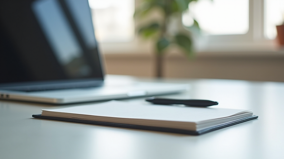 Eye-level view of a modern workspace with a laptop and a notepad