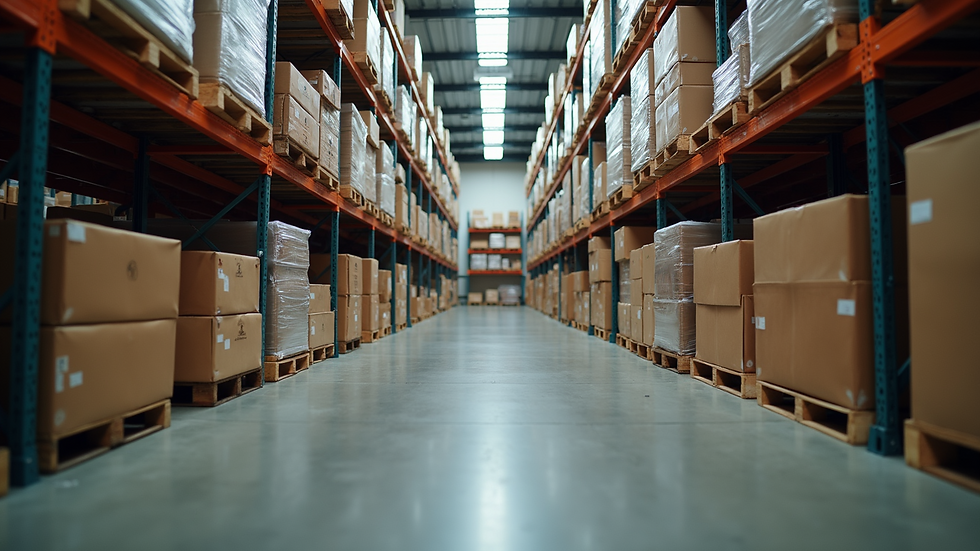 Eye-level view of a warehouse filled with organized stock items