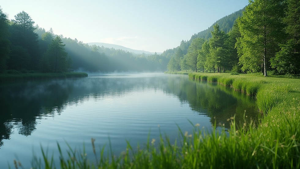 Wide angle view of a serene lake surrounded by lush greenery