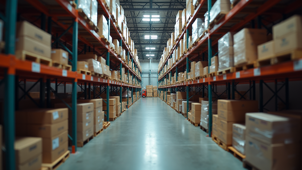 High angle view of a bustling warehouse with various stock items
