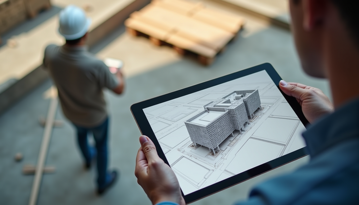 High angle view of a construction manager reviewing a digital building model on a tablet at a construction site