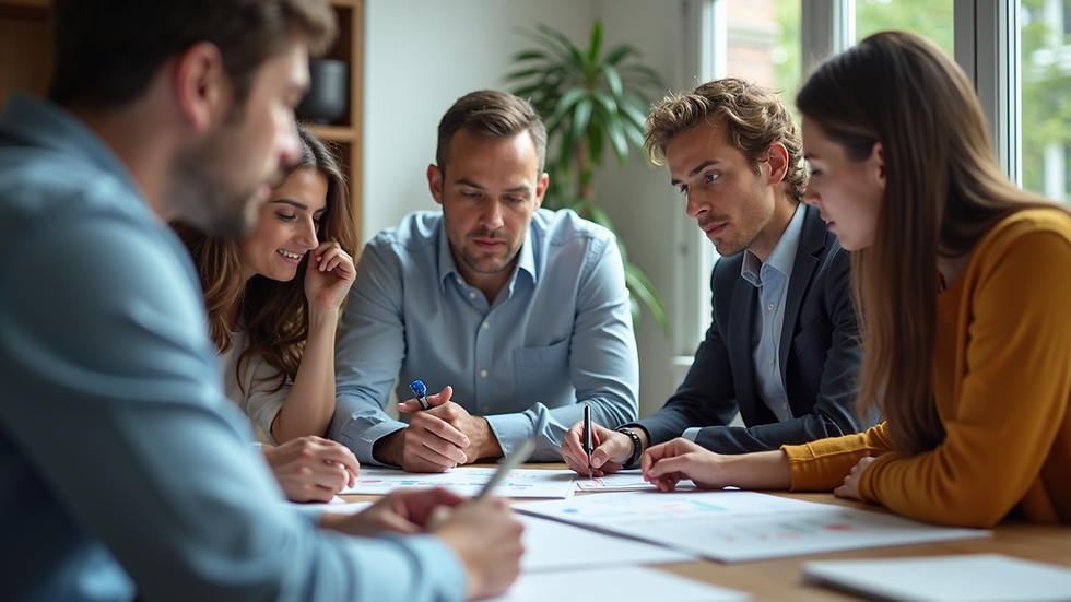 Wide angle view of a team planning marketing strategies in a collaborative setting