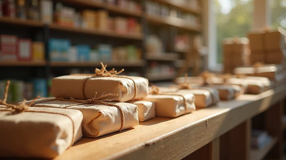 Eye-level view of product bundles displayed attractively.