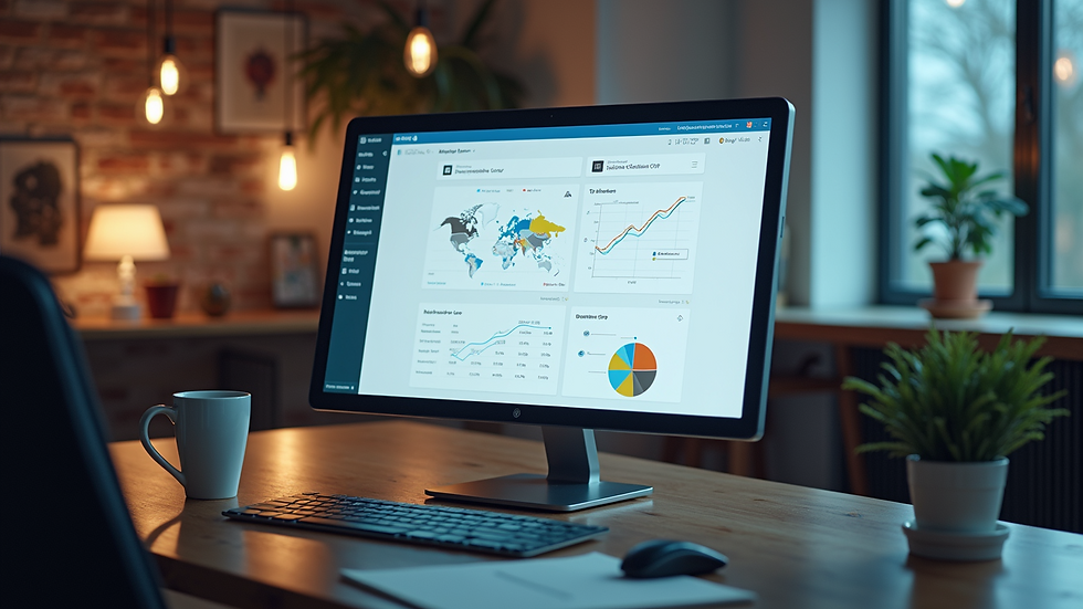 High angle view of a modern workspace with a CRM dashboard
