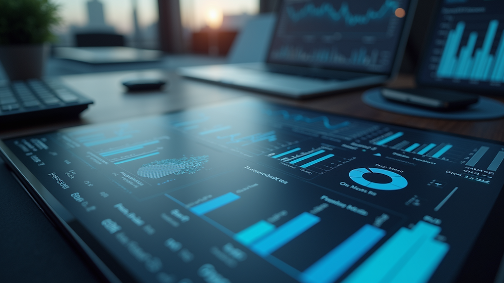 High angle view of an analytical dashboard with various financial metrics