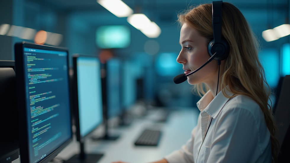 Eye-level view of a call center setup with AI technology guiding interactions