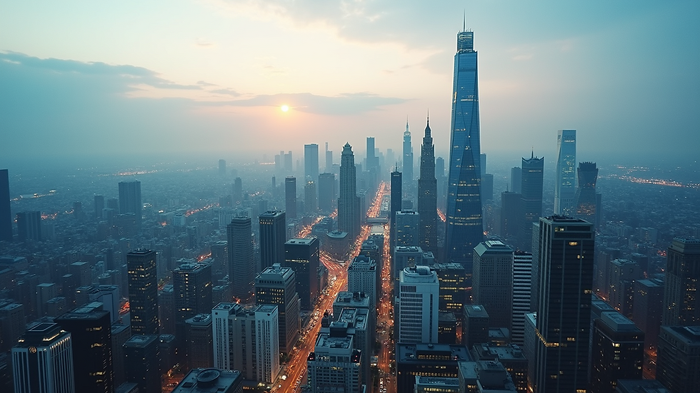 High angle view of an urban skyline featuring several financial institutions