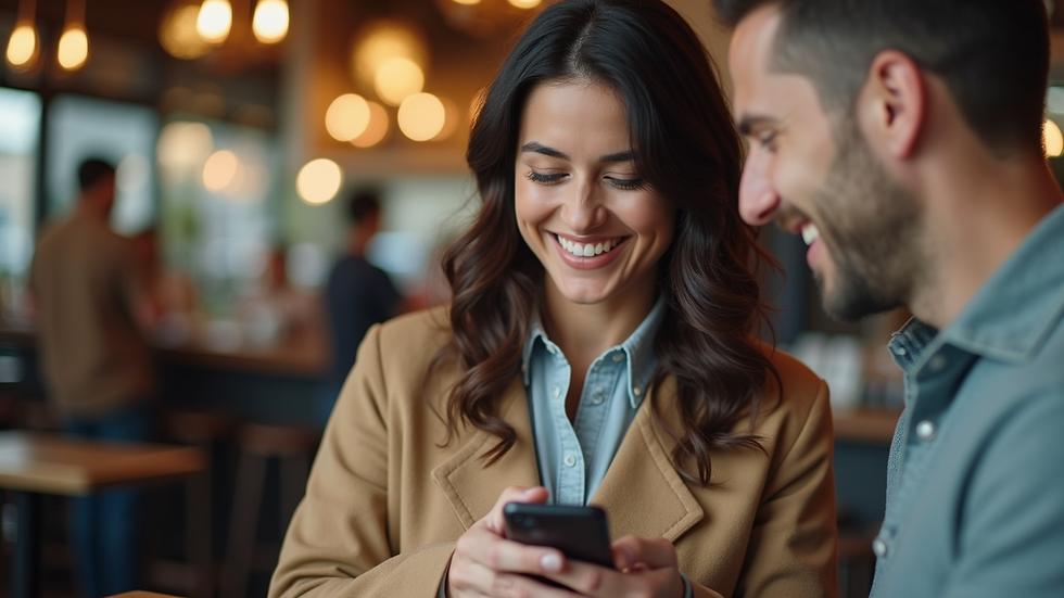 Close-up view of a smiling customer reading messages on a smartphone