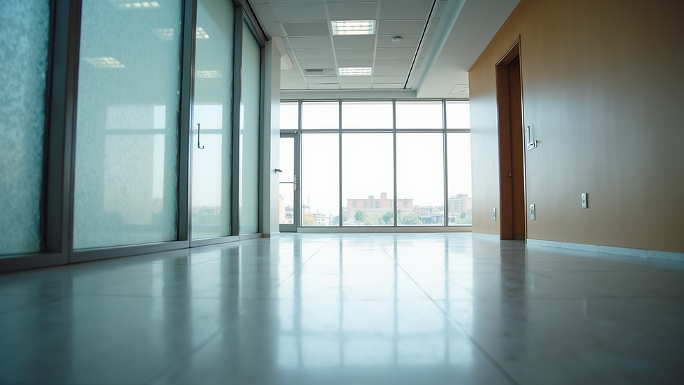 Eye-level view of an empty office space with a large window showing a bright exterior.
