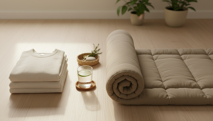 Overhead view of folded loose clothing, a water glass, and a floor mat prepared for Thai massage