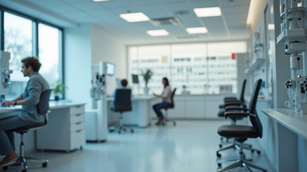 Eye-level view of modern optometry clinic interior with eye exam equipment