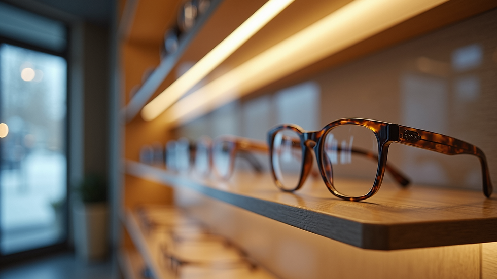 Eye-level view of stylish eyeglasses display in Calgary optical store