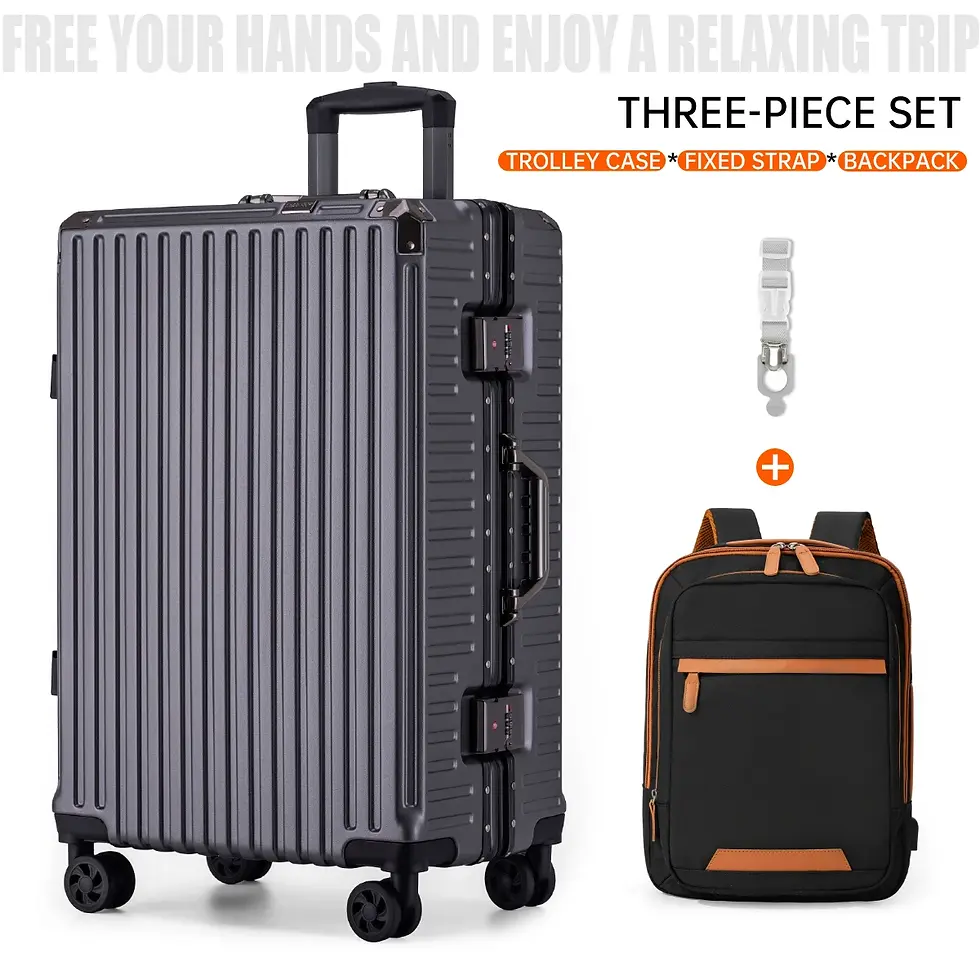 Thumbnail: Three-piece luggage set: grey suitcase and backpack