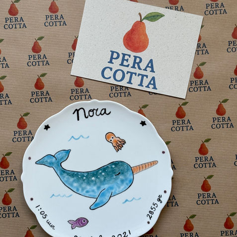 Hand-painted birth keepsake plate with a narwhal illustration.