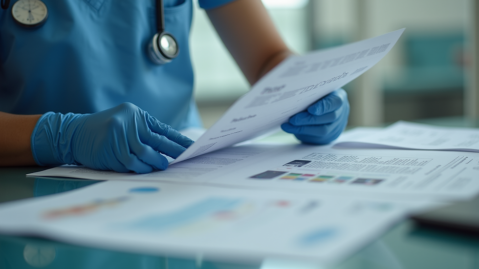 Close-up view of a healthcare provider preparing educational materials for community outreach