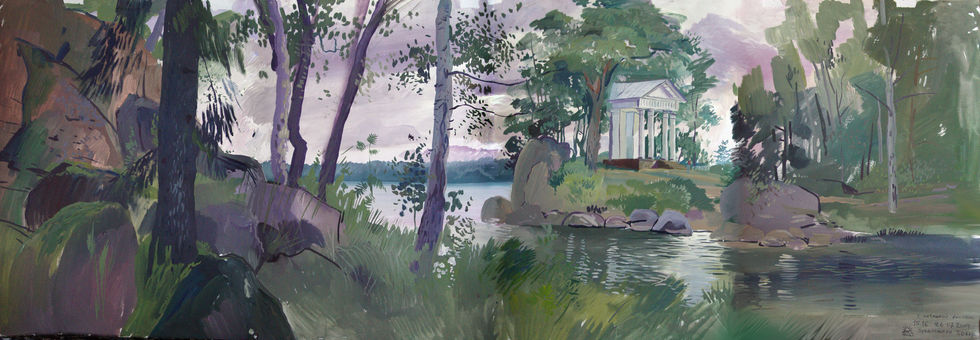 Парк Монрепо, вид на деревянный храм Аполлона с острова Людвигштайн