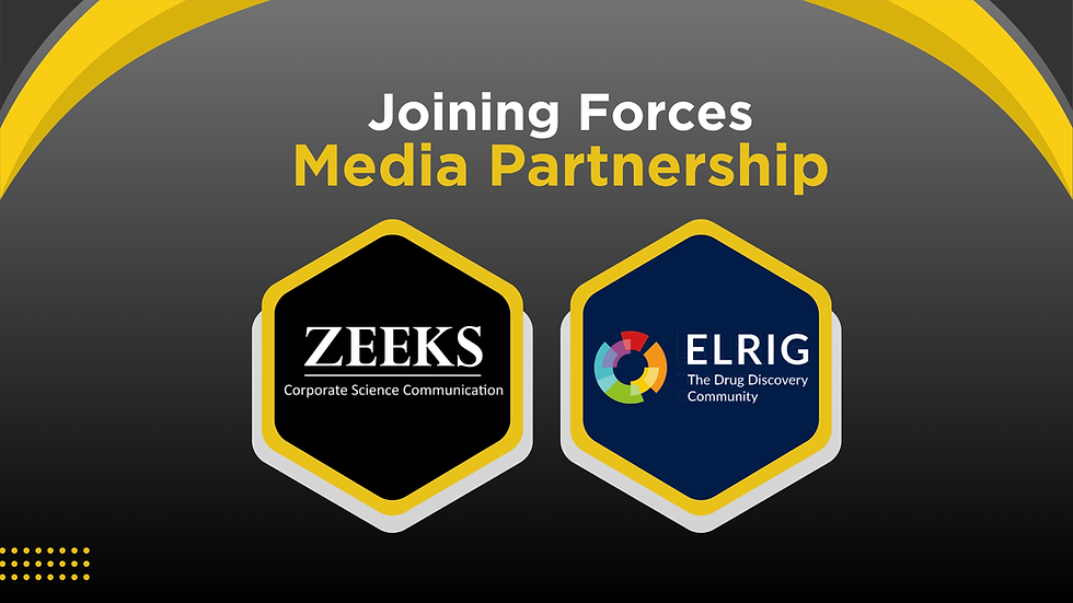 Hexagonal logos of ZEEKS and ELRIG on a gray background, announcing a media partnership with bold yellow and white text above.