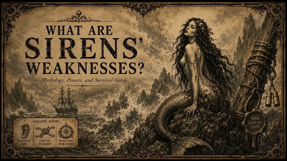 Sorry about that. Here’s the alt text plainly:
**Vintage illustration of a siren on rocky coastal cliffs with stormy seas, shipwreck imagery, and survival symbols for a mythology article about Siren weaknesses.**