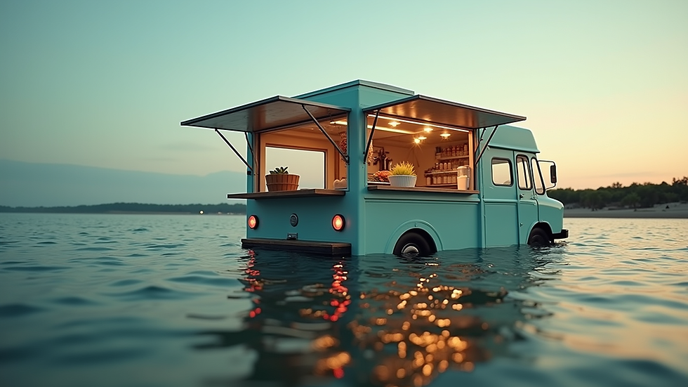 Vue en plongée d’un food truck moderne installé dans un cadre naturel