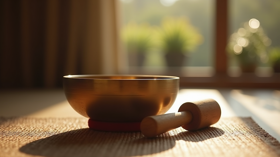 Eye-level view of a singing bowl with a wooden mallet on a meditation mat