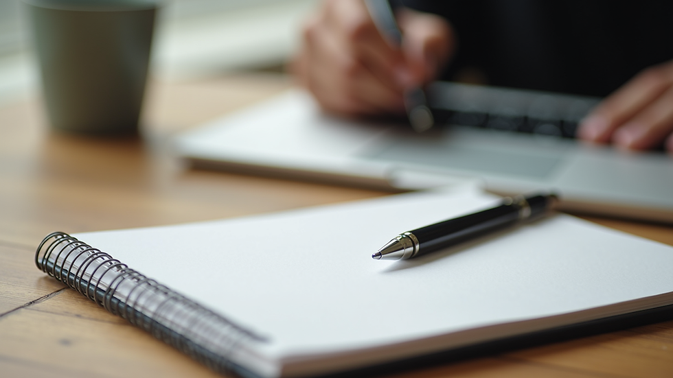 Close-up view of a notebook and pen on a desk, ready for journaling during healing sessions