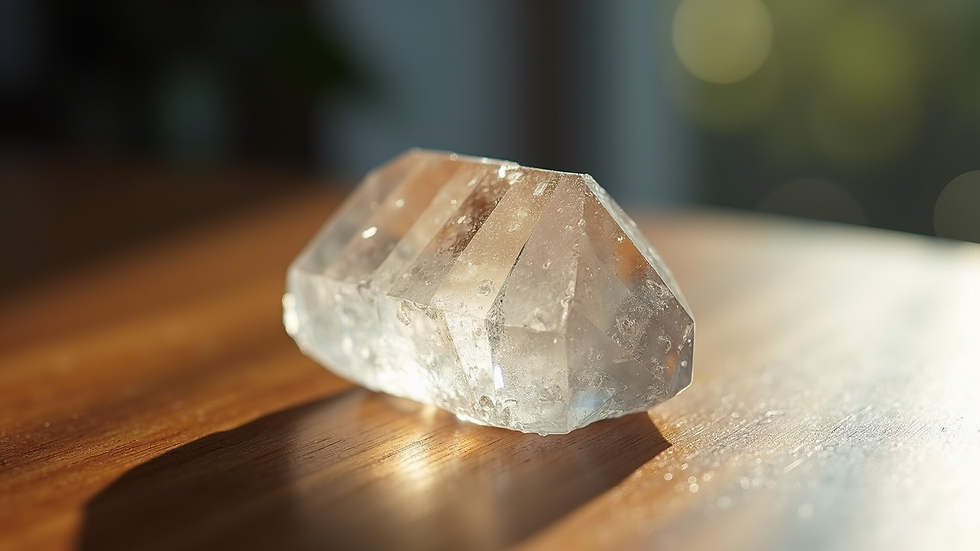 Close-up view of a clear quartz crystal on a wooden surface