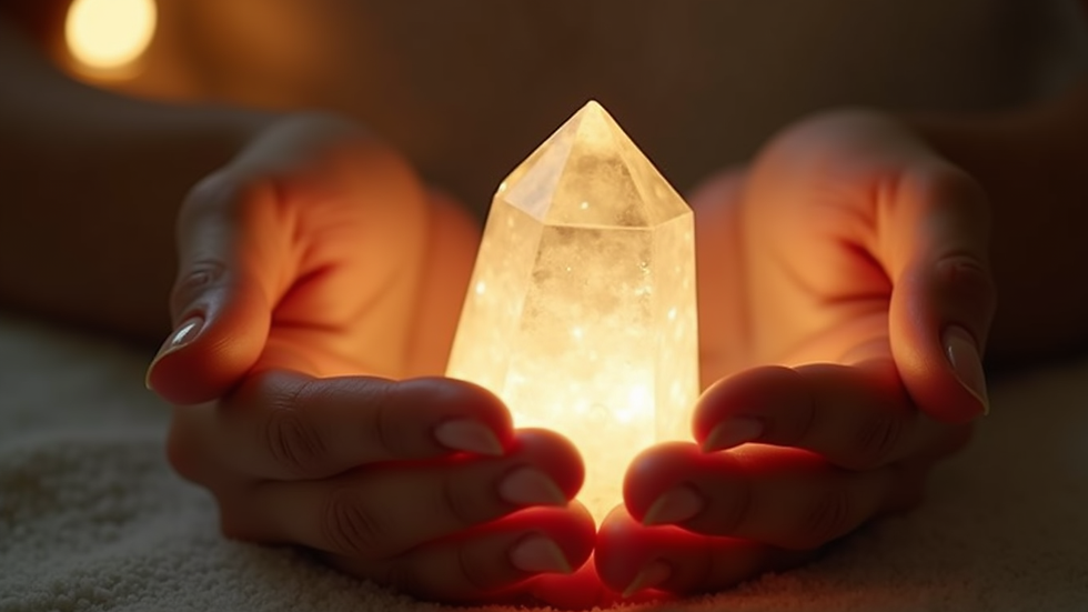 Close-up view of hands gently hovering over a glowing crystal during a healing session