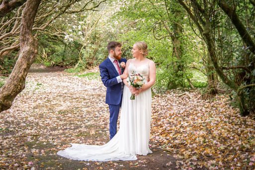 newlyweds pose under a set of trees in a swansea country park