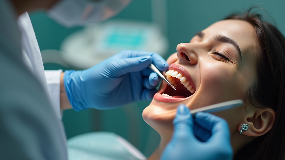 Eye-level view of a dental professional fitting dentures for a patient