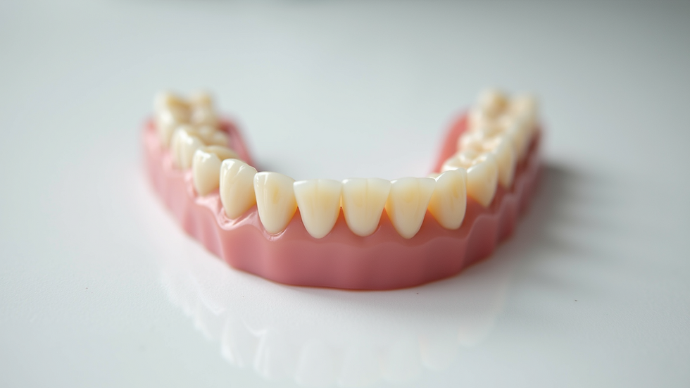 Close-up view of a set of full dentures on a white surface