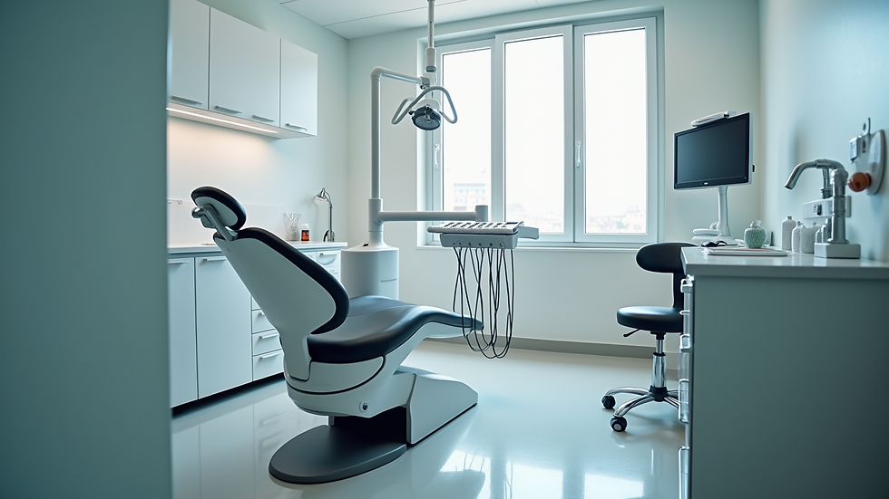 Eye-level view of dental clinic consultation room with dental chair and equipment