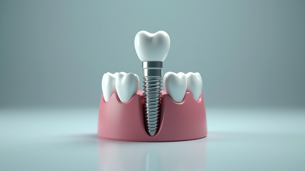 Close-up view of dental implant model showing titanium post and crown