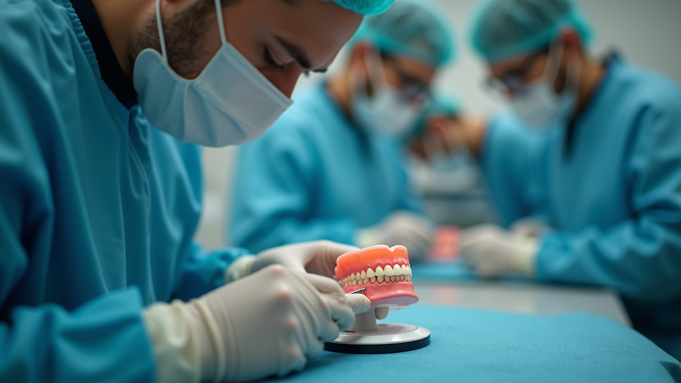 Eye-level view of dental technician crafting dentures in a lab