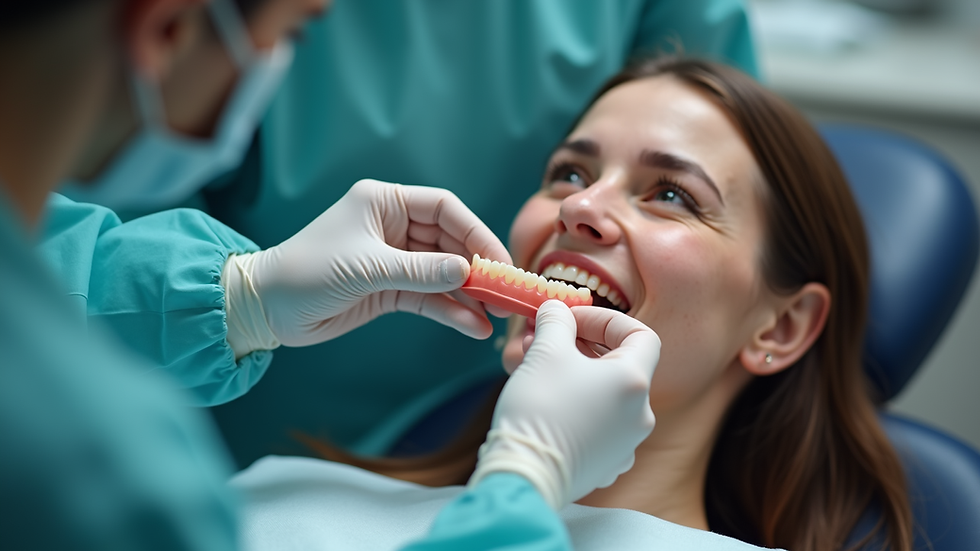 Eye-level view of a denturist adjusting a patient's custom denture