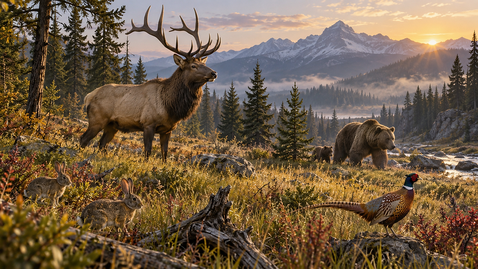 AI generated image on open wilderness with bears, elk, pheasants, and rabbits.