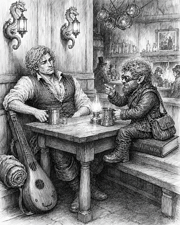 Book illustration for The First True Song Ayam and Bucky at the tavern