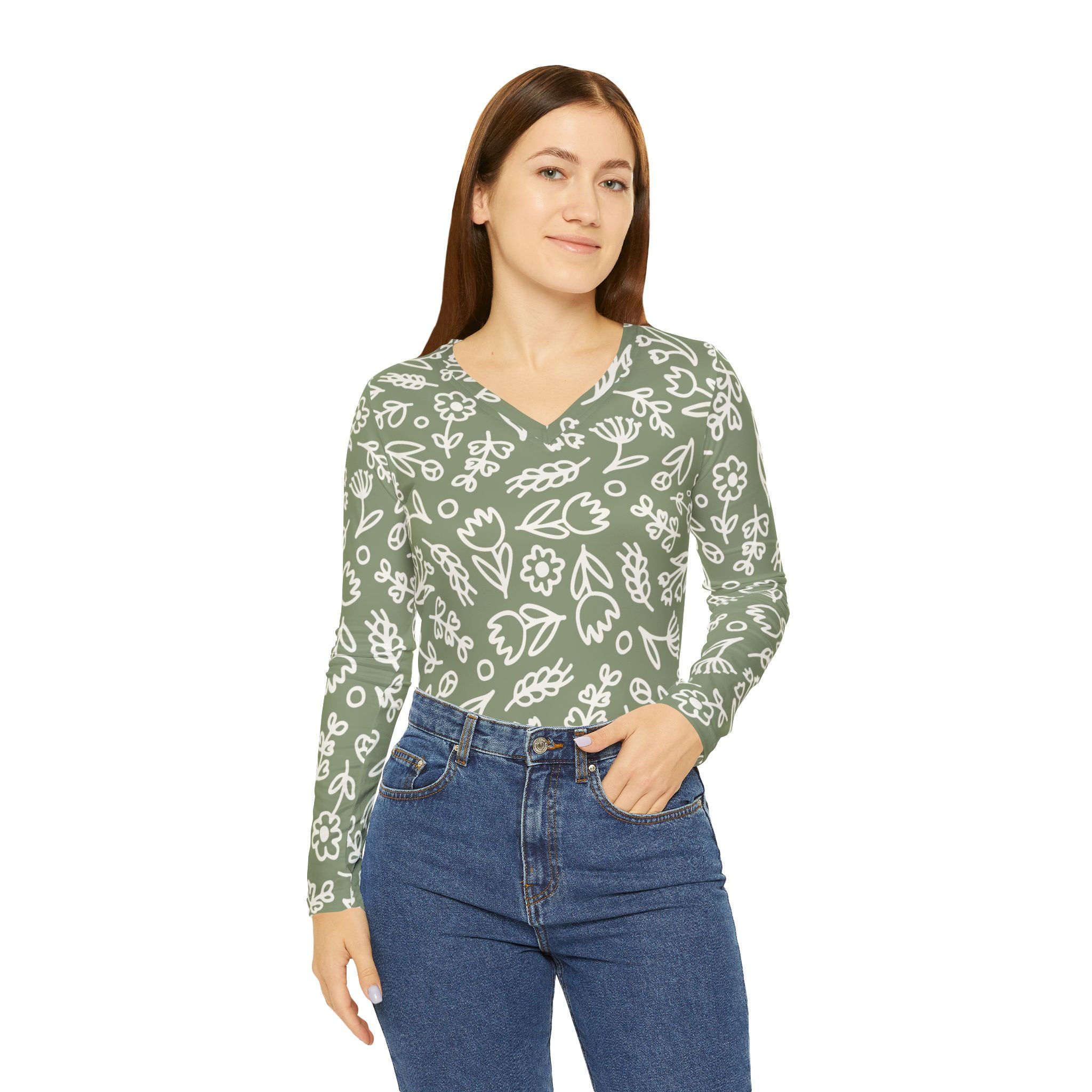 Floral V-Neck Long Sleeve Shirt — Sage All-Over Doodle Flowers