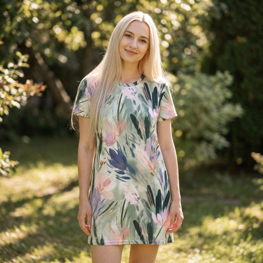 Floral Watercolor T-Shirt Dress — Pastel Botanical AOP Summer Dress