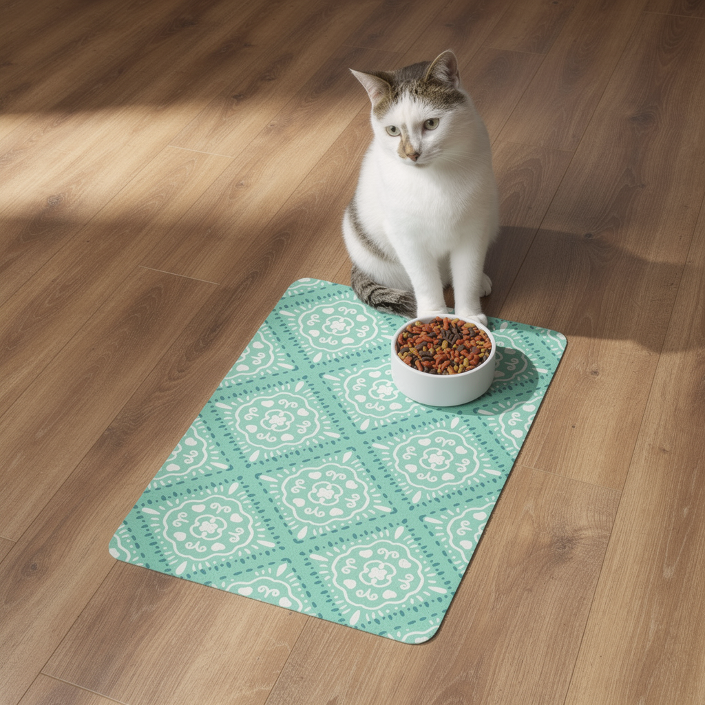 Teal Medallion Pet Food Mat — Decorative Non-Slip Feeding Mat (12x18)