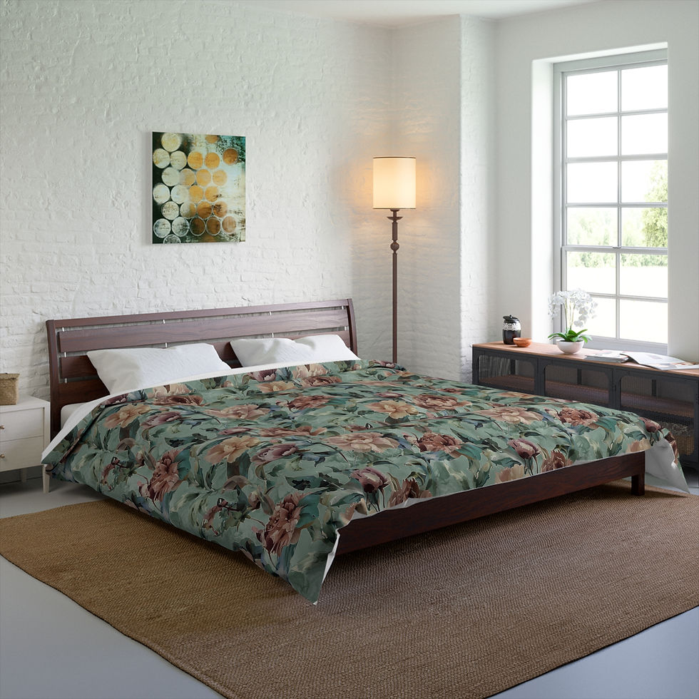 Thumbnail: Vintage Floral Comforter - Teal Rose Pattern Bedding for Bedroom