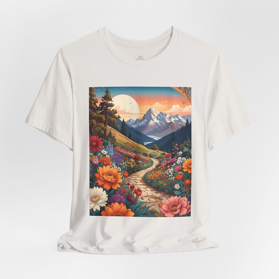 Thumbnail: Floral Mountain Path Tee — Retro Sunset Nature Graphic T‑Shirt